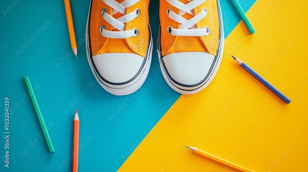 Poster Flat lay of school shoes notebook and pencils on a muted background symbolizing a simple back to school vibe Stock Photo with side copy space