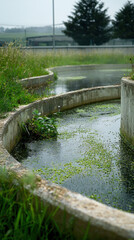 Wastewater treatment pond with biofilter plants surrounded by greenery, showcasing natural process of water purification. serene environment highlights importance of eco friendly solutions