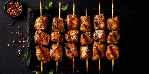 Delicious grilled meat skewers on a dark stone surface. A perfect dish for gatherings and barbecues. Enjoy the tasty flavor and aroma. Ideal for food photography and recipes. AI