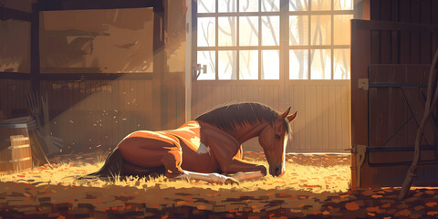 An elderly horse resting comfortably in a warm stable while being cared for by a veterinarian.