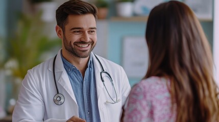 Friendly young man doctor smiling and shaking female patient hand, cheerful male therapist greeting visitor at his clinic, panorama, copy space, Generative AI