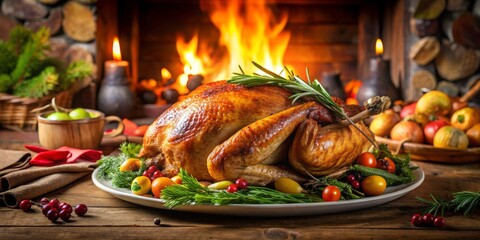 Roasted Turkey on a White Plate with Fireplace in Background, Thanksgiving Dinner, Festive Food , Thanksgiving, Feast