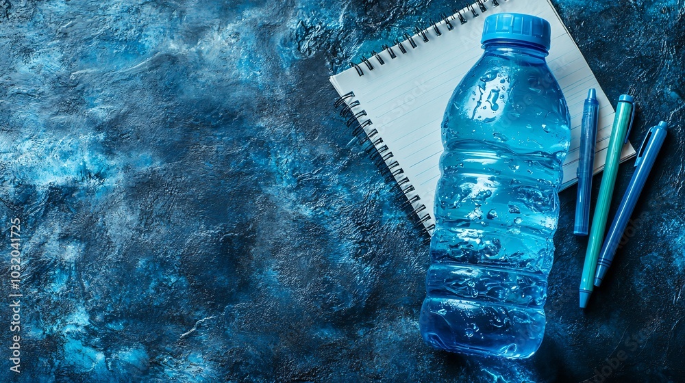 Poster clean minimal setup with a water bottle notebook and pens laid out on a sleek surface stock photo wi