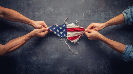 A powerful depiction of conflict through a torn American flag held by two hands.