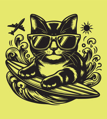 Cat surfing silhouette vector illustrations