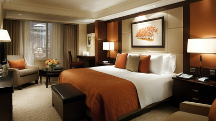 A serene hotel room features a neatly made bed adorned with two soft blue pillows, warm lighting from a nearby lamp, and elegant curtains, creating a peaceful atmosphere for relaxation