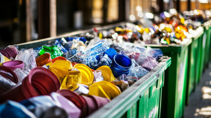 Sorted recyclables in green bins at a recycling facility showcasing assorted materials ready for processing