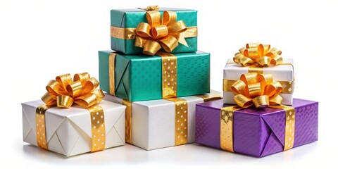 Obraz premium Stack of Gift Boxes with Golden Bows, White Background, Gift Wrapping, Gift Ideas, gift box, wrapping
