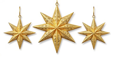 Obraz premium Three Gold Star Ornaments, Isolated, Christmas Decor, Holiday Decorations, Christmas Star ,christmas, ornament