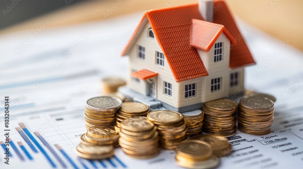 Aufkleber A small model house is placed atop stacks of coins, emphasizing the relationship between property ownership and financial investment. This setup highlights the value of investing in real estate.