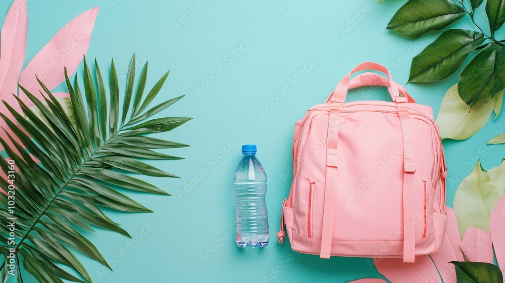 Poster artistic display of a schoolbag beside a water bottle notebooks and a snack ready for the day stock 