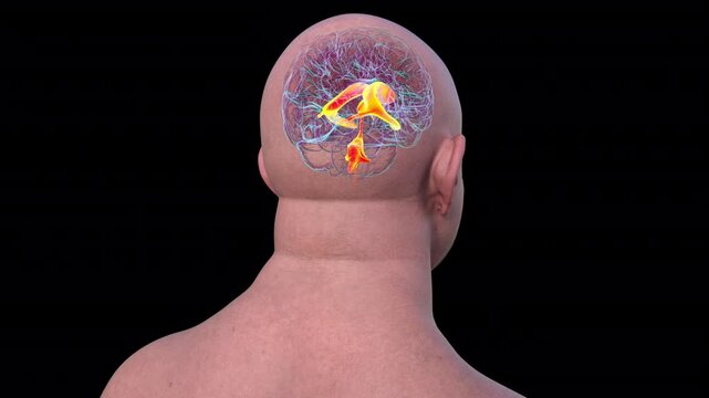 Ventricular system of the brain, 3D animation. The ventricles are cavities in the brain that are filled with cerebrospinal fluid (CSF).