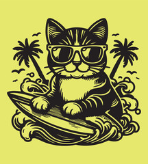 Cat surfing silhouette vector illustrations