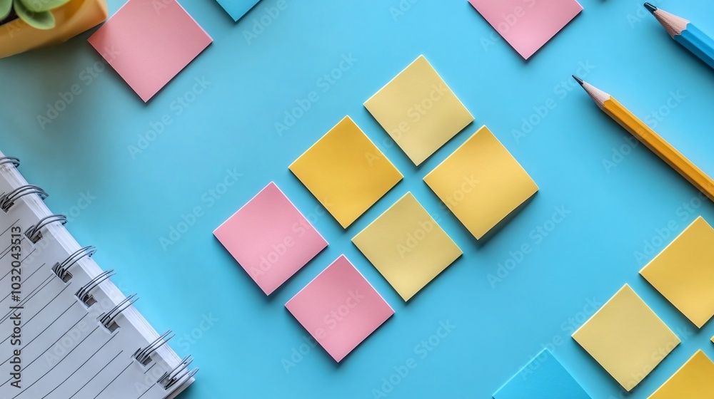 Aufkleber Sticky notes arranged in a pattern on a bright background with a notebook and pencil ready for note-taking Stock Photo with side copy space