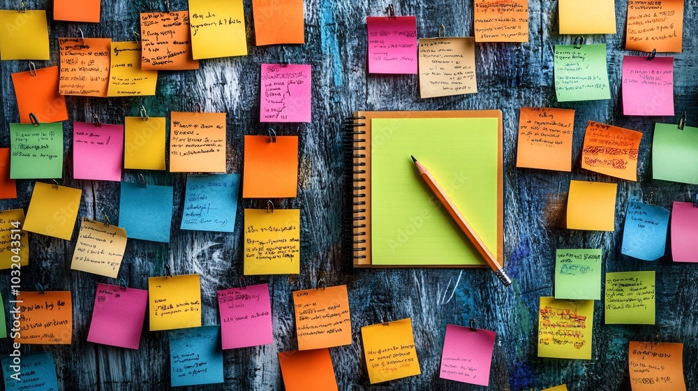 Aufkleber Sticky notes arranged in a pattern on a bright background with a notebook and pencil ready for note-taking Stock Photo with side copy space