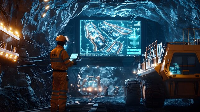 Autonomous Vehicles and AI Driven Equipment in Futuristic Underground Mining Command Center - Powered by Adobe