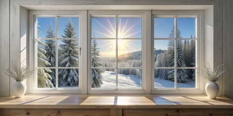 Winter Wonderland View Through Three Windows, Wooden Window Sill, Sun Rays, Snow Covered Trees, Cozy Cabin, Winter Landscape , winter scenery