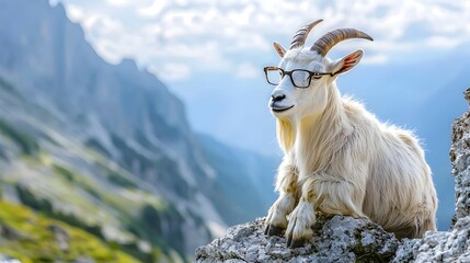 Obraz premium Contemplative Goat in Rugged Mountain Landscape Wearing Scholarly Glasses