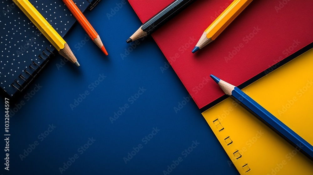 Aufkleber Brightly colored erasers and sharpeners creating a pattern on a bold background next to notebooks Stock Photo with side copy space