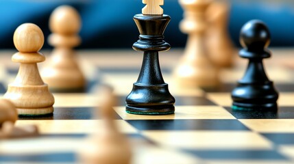A close-up of a chessboard with the white king in the center, a black pawn in the foreground, and other pieces on the board.