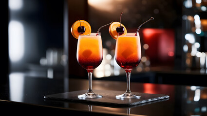 Two glasses of Vodka Sunrise made with orange juice and grenadine