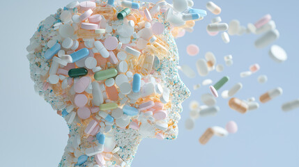 A glass sculpture of a human head made of pills, with capsules flying off, symbolizing mental...