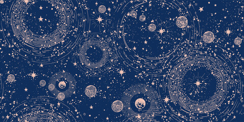 Seamless cosmic boho pattern with stars on blue background for tarot, astrology. Mystical sky with orbits, abstract astrology banner. Vector illustration.