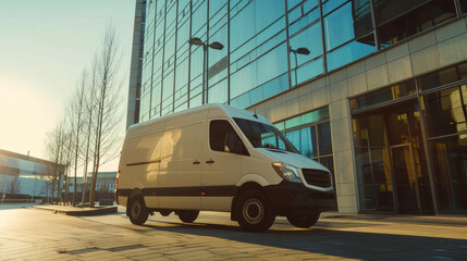 A delivery van parked at a commercial building with glass façade during golden hour