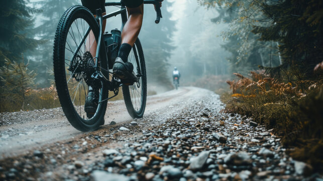 Cyclists riding on a misty gravel road surrounded by dense trees in a tranquil forest setting