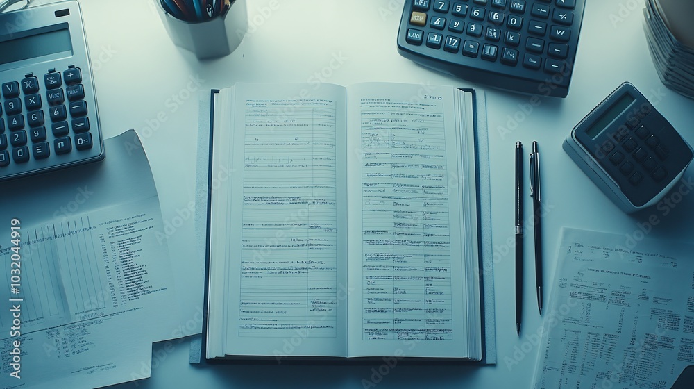 Aufkleber Flat lay of a desk setup with textbooks calculators and pens arranged around a clean work area Stock Photo with side copy space