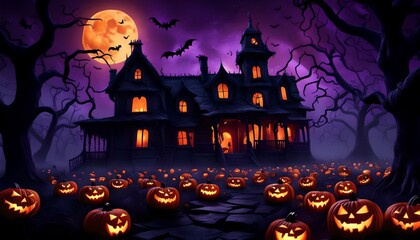 Halloween' Day with orange pumpkin, black bat, dead tree and big orange moon.