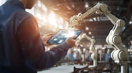Factory Worker Controlling Robotic Arms via Tablet Interface in High Tech Manufacturing Environment