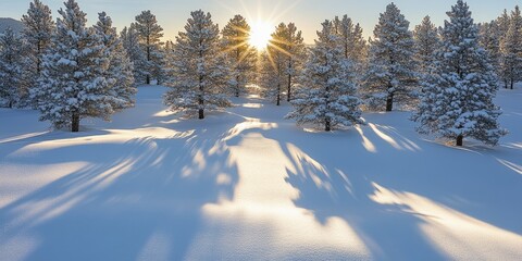 Aerial view of a snow-covered pine forest at dawn, the sun casting long shadows through the trees as it rises over the horizon.