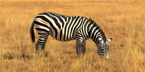 Obraz premium A black-and-white zebra grazing in a grassy plain, its stripes contrasting against the earthy brown background.
