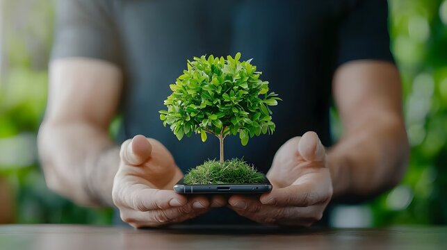 Excited man unboxing and setting up a brand new smartphone he ordered online placed on a kitchen table or workspace with a flat lay composition
