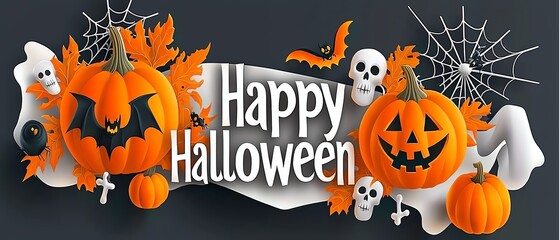 A festive Halloween design featuring carved pumpkins, a spooky bat, skulls, spider webs, and autumn leaves with the text "Happy Halloween.