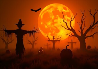 Halloween' Day with orange pumpkin, black bat, dead tree and big orange moon.