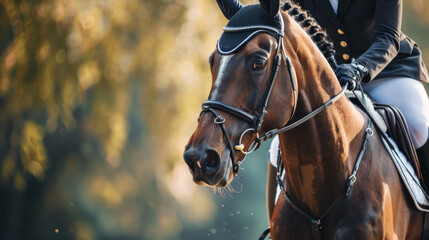 Obraz premium A rider competes in a dressage event showcasing elegance and harmony between horse and rider in a serene location during the afternoon