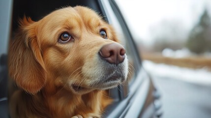 A funny cute dog looks out of the car window