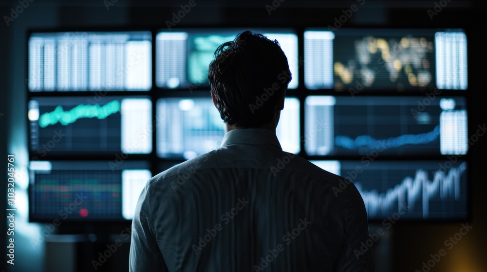 Poster man analyzing data on multiple screens