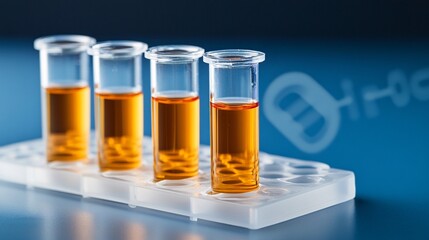 Test tubes filled with vibrant liquids arranged on a lab stand against a sterile backdrop Stock Photo with side copy space