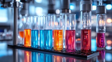 Test tubes filled with vibrant liquids arranged on a lab stand against a sterile backdrop Stock Photo with side copy space