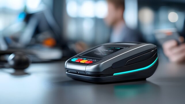 Close up view of a contactless credit card reader processing a digital payment transaction at a retail store or business