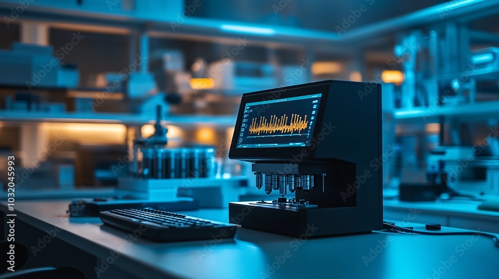 Poster PCR machine next to DNA analysis equipment with precision instruments in a highly organized layout Stock Photo with side copy space