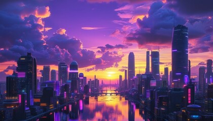 Fototapeta premium City of a future against purple sunset sky with clouds. Futuristic building with bright neon lights. Wallpaper in a style of cyberpunk.