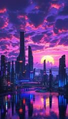 Fototapeta premium City of a future against purple sunset sky with clouds. Futuristic building with bright neon lights. Wallpaper in a style of cyberpunk.