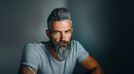Fototapeta premium Aged man with a well-groomed beard and stylish haircut poses confidently in a minimalist setting, creating an aura of sophistication