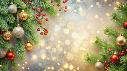 Beautiful festive decorations on the Christmas tree in red and gold traditional colors. New Year's card.