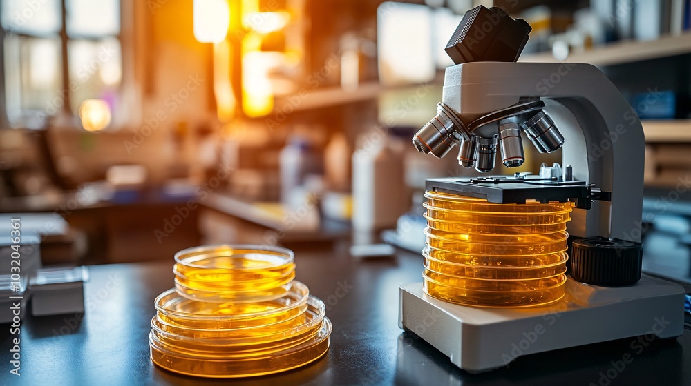 Poster petri dishes stacked neatly alongside a microscope and chemical reagents for cutting-edge research s