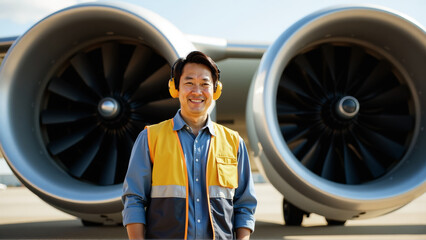 Male aircraft technician in front of airplane engine wearing protective earmuffs